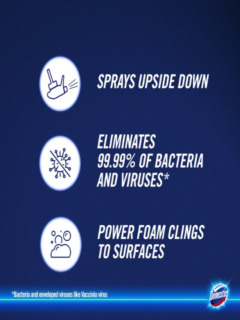 sprays upside down, eliminates 99.99% of bacteria and viruses, power foam clings to surfaces.