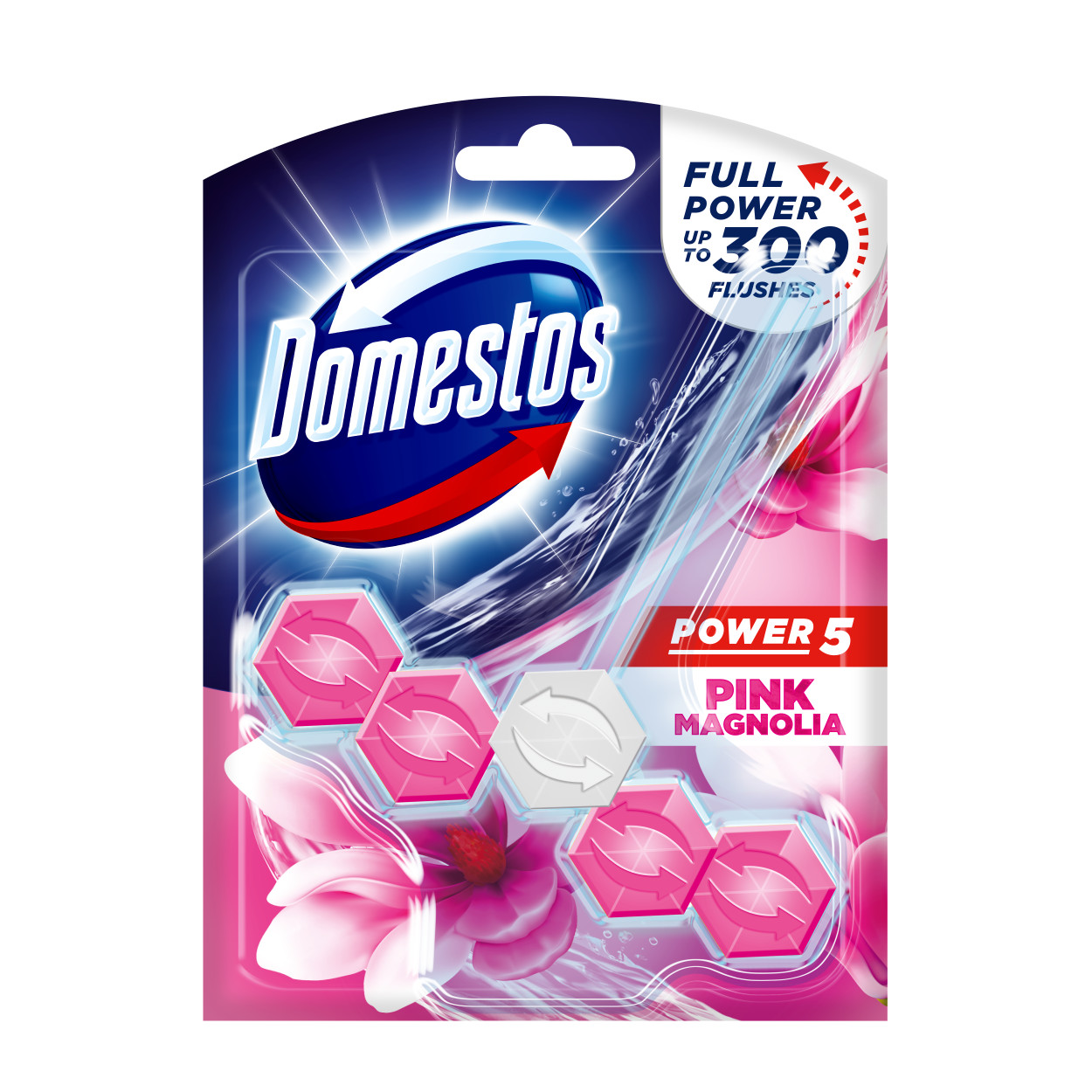 Domestos Power 5 Blue Water Pink Magnolia Toilet Block 