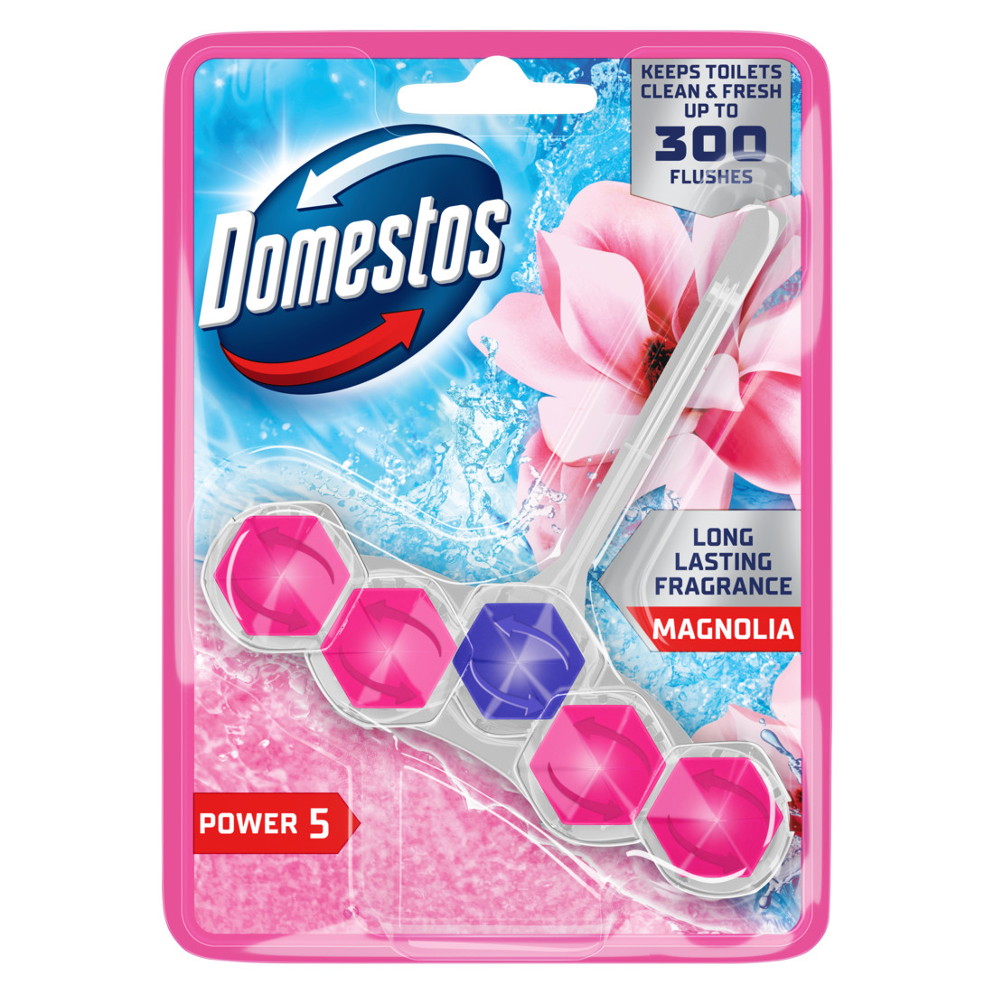 Domestos Power 5 Blue Water Pink Magnolia Toilet Block 