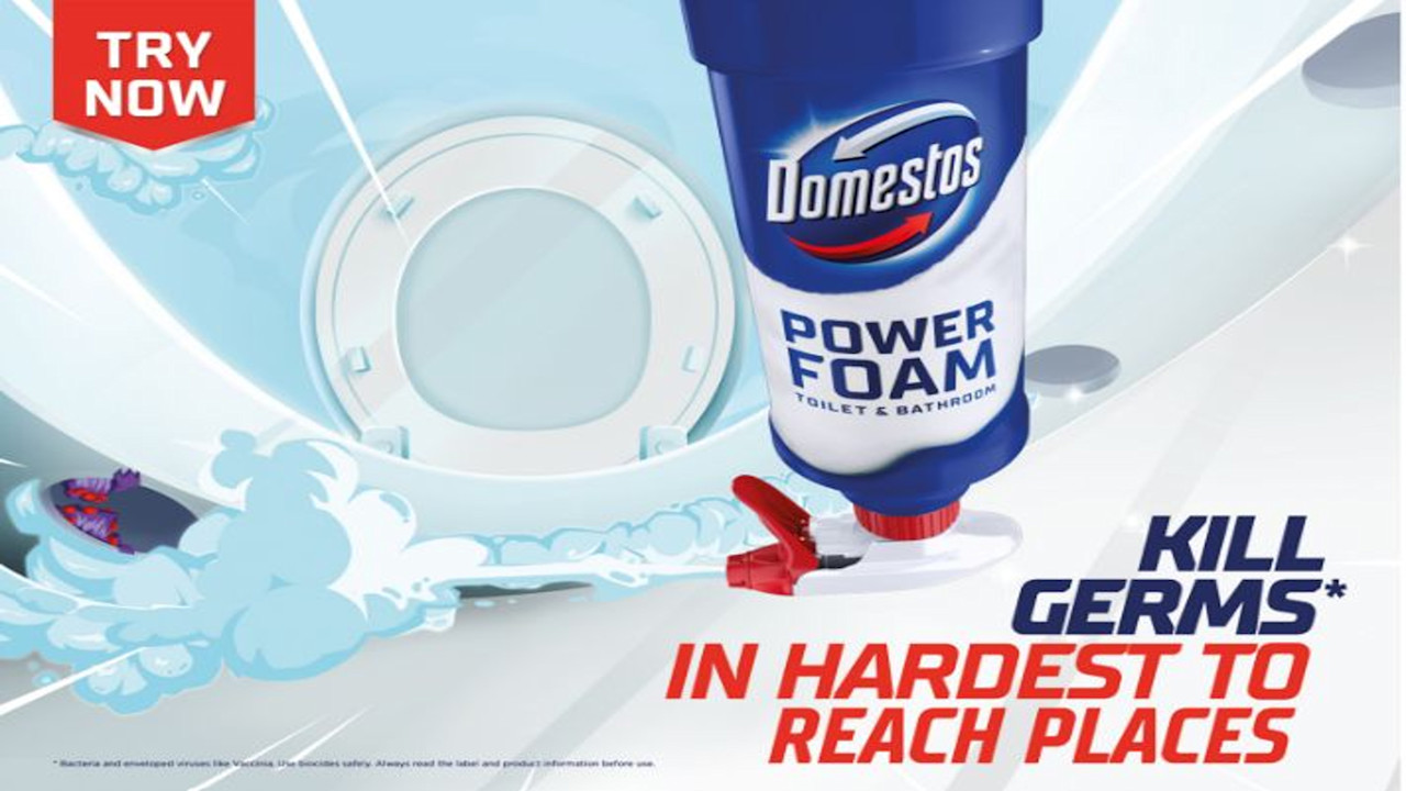 Domestos power foam. Kill germs in hardest to reach places.