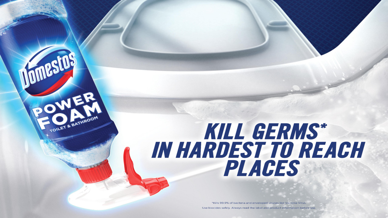Domestos power foam. Kill germs in hardest to reach places.