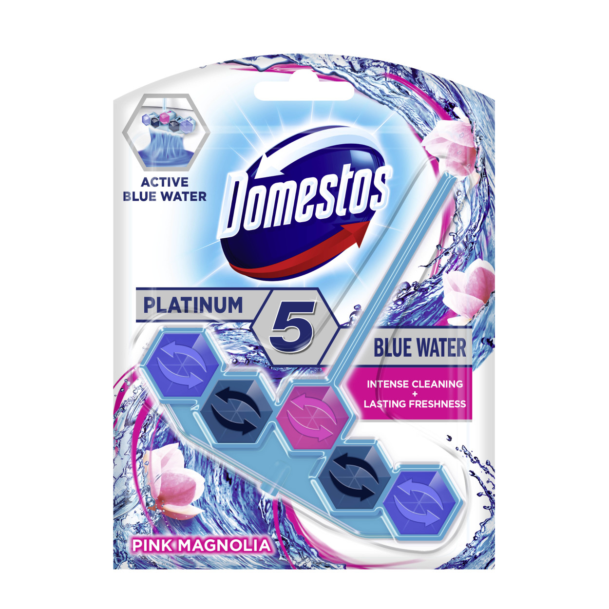 Domestos Platinum Power 5 Blue Water Pink Magnolia Toilet Block