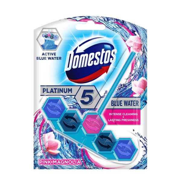Domestos Platinum Power 5 Blue Water Pink Magnolia Toilet Block